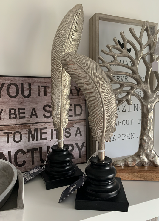 Set Of 2 Silver Feathers On Wooden Bases