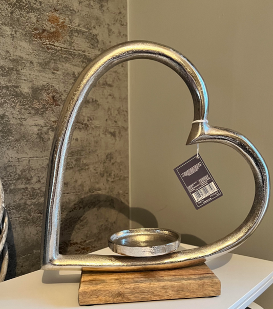 Large Heart Wood & Aluminium Candle Holder