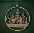Evergreen Cut out Woodland Stag Scene Round Wood Hanger