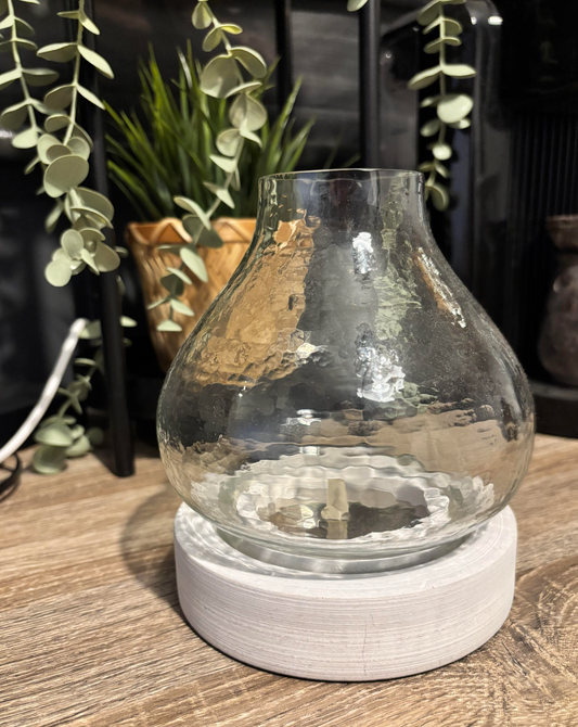 Glass & White Wood Hurricane