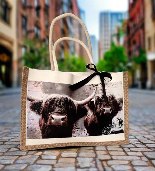 Highland Cow - Couple Jute Tote Bag