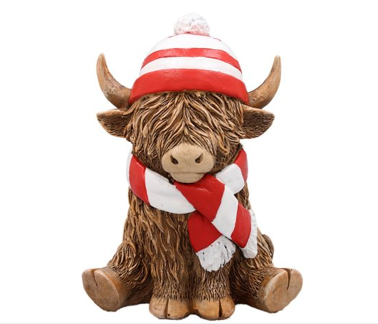 Highland Cow with Red & White Hat & Scarf