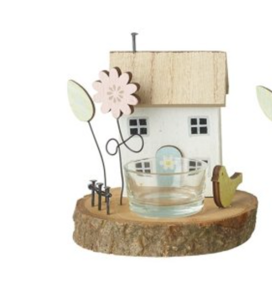 Wooden House on log block tealight - White