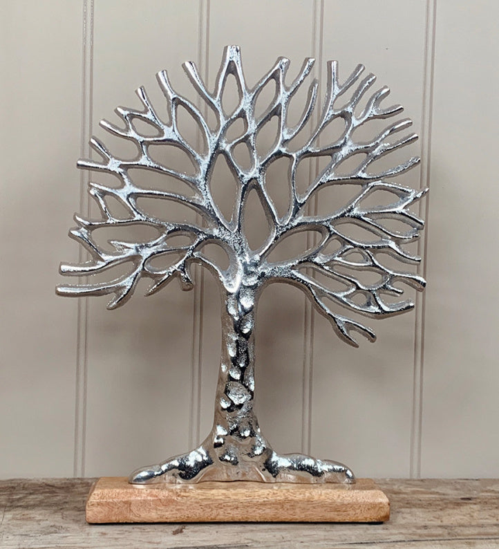 SILVER ALUMINIUM TREE OF LIFE ON BLOCK BASE - 36CM