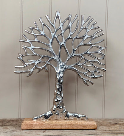 SILVER ALUMINIUM TREE OF LIFE ON BLOCK BASE - 36CM