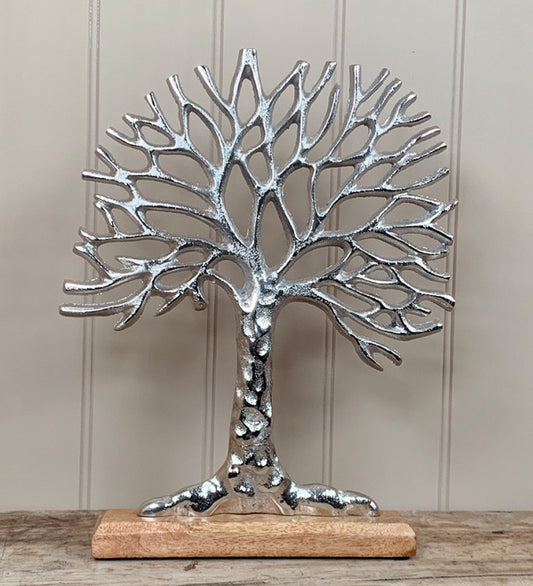 SILVER ALUMINIUM TREE OF LIFE ON BLOCK BASE - 36CM