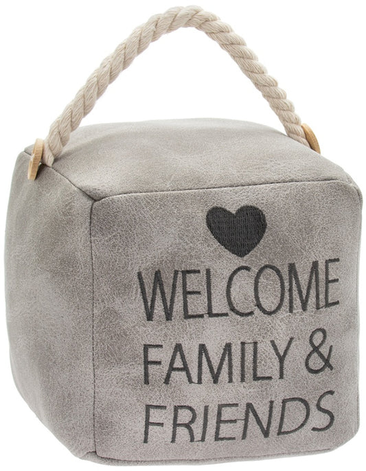 GREY FAUX LEATHER SQUARE DOORSTOP 'WELCOME FAMILY & FRIENDS'