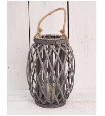 GREY WOVEN LANTERN WITH ROPE HANDLE