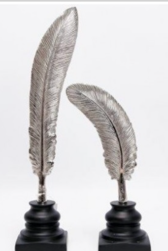Set Of 2 Silver Feathers On Wooden Bases