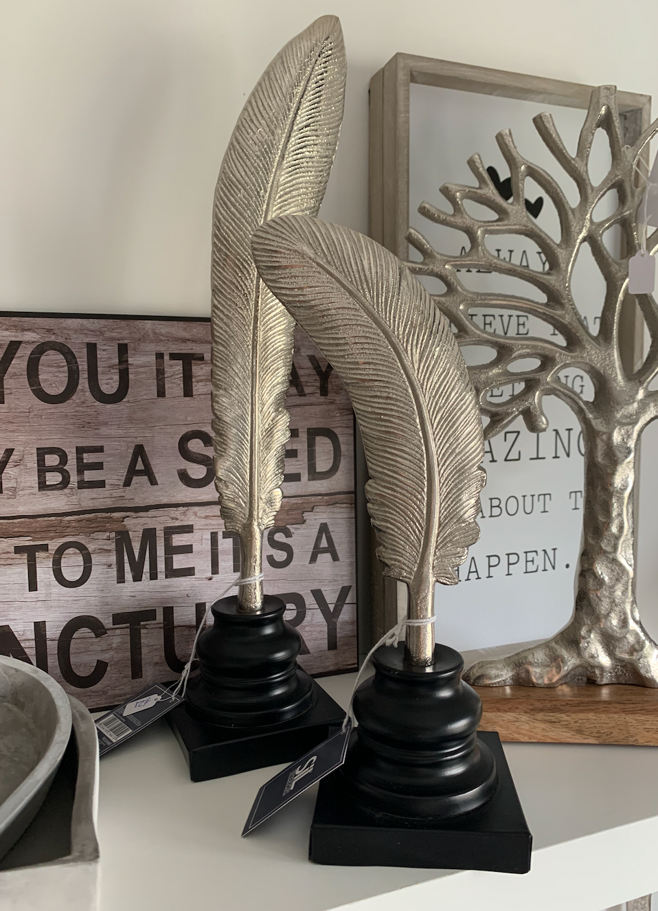 Set Of 2 Silver Feathers On Wooden Bases