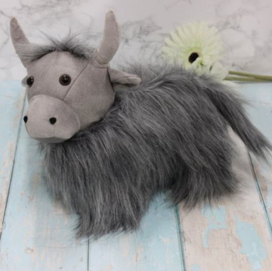 GREY FAUX FUR HIGHLAND COW DOORSTOP