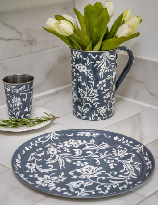 Grey Floral Tin Tea Tray