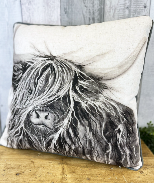 Highland Cow Black & White Cushion