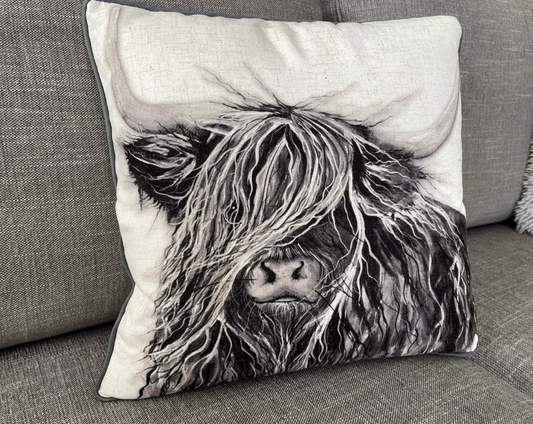 Highland Cow Black & White Cushion