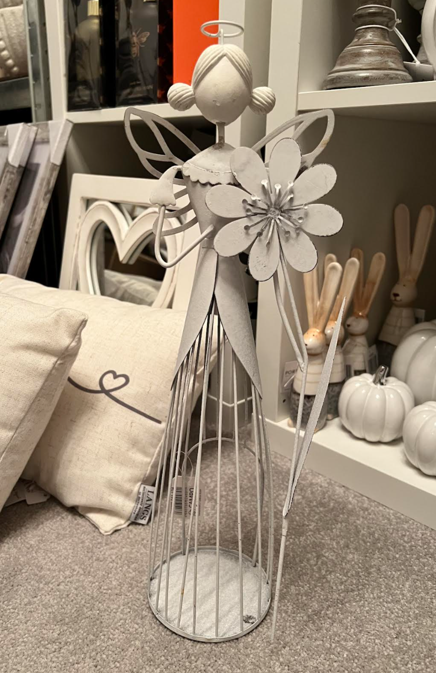 WHITE IRON ANGEL TEA LIGHT HOLDER