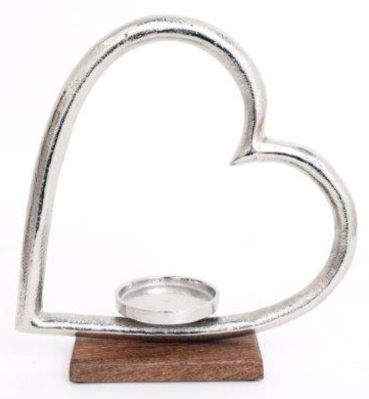 Large Heart Wood & Aluminium Candle Holder