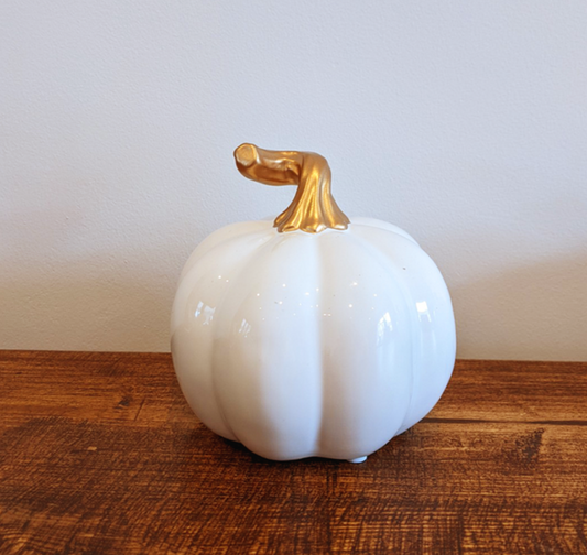 White Ceramic Pumpkin With Gold Stalk - available in 3 sizes