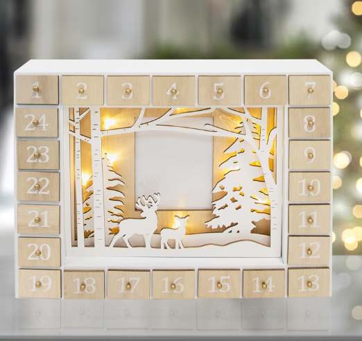 Large Traditional Wooden LED Woodland Scene Advent Calendar with Photo Holder